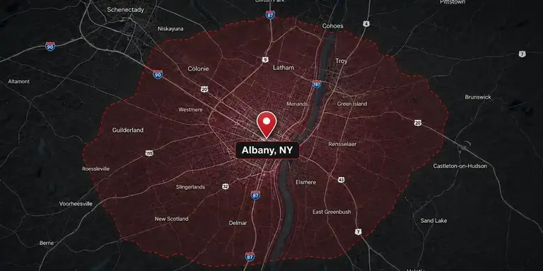 KD Roofers static service area map for Albany NY