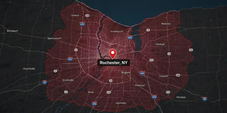 KD Roofers static service area map for Rochester NY