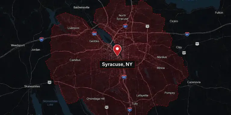 KD Roofers static service area map for Syracuse NY