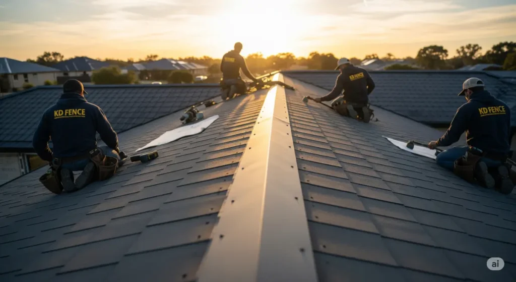A high-quality, professional photograph, suitable as a featured image for a blog post about the longest-lasting roofing materials, focusing on a newly installed roof with KD Fence attire worn by the workers. The image showcases the sleek, modern design of the roof, highlighting its durability and aesthetic appeal. The photograph features a wide-angle perspective, emphasizing the scope of the roofing project. The setting sun casts a warm, golden glow on the roof, highlighting its texture and color. The workers are shown in the background in KD Fence attire, with tools at their side, emphasizing the expert installation. A shallow depth of field blurs the surroundings, drawing the viewer's attention to the newly installed roof and subtly showcasing the KD Fence team's role in the project.