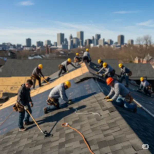 Roofing crew working on a roof installation in Rochester, NY, focusing on the teamwork and the city skyline.