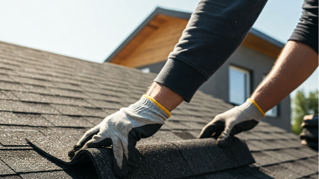 Roofer's hand installing asphalt shingles, symbolizing quality and cost of roofing in 2025.